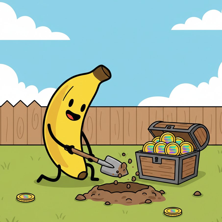 Cartoon banana character happily digging with a shovel in a backyard, next to an open treasure chest full of shiny gold coins, green grass and blue sky background