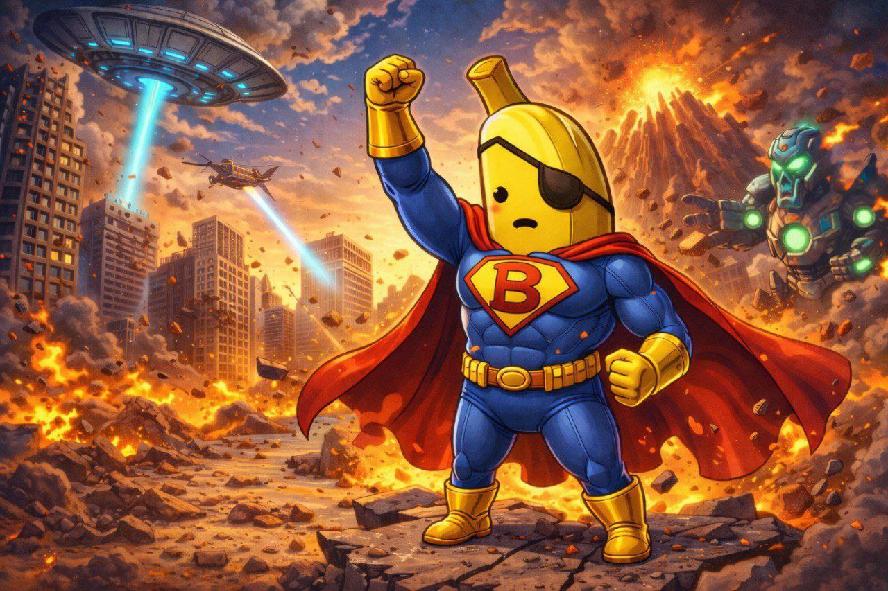 Cartoon banana superhero character in a blue suit with a red cape and golden B emblem on chest, fist raised to the sky, with explosions, UFO and robot villain in a destroyed city background