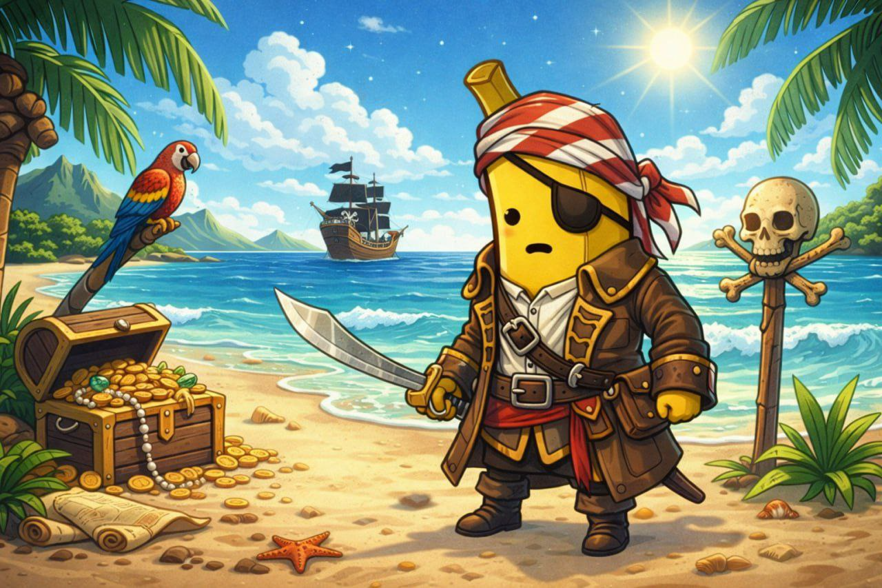 Cartoon banana pirate character wearing a brown coat, eye patch and red-white bandana, holding a cutlass on a tropical beach with treasure chest, parrot, pirate ship and skull flag in the background